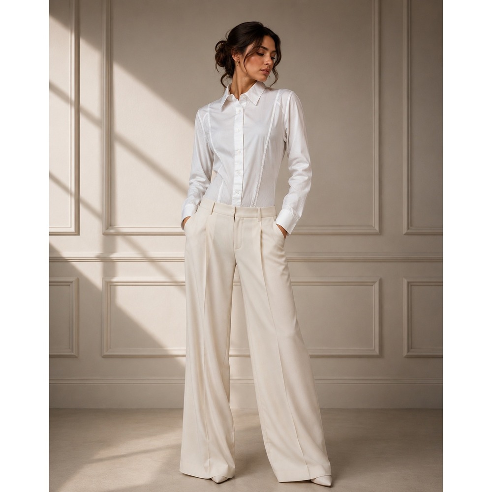 Donna Karan Bodysuit L White Button Down Long Sleeve Collard Minimalist Luxury